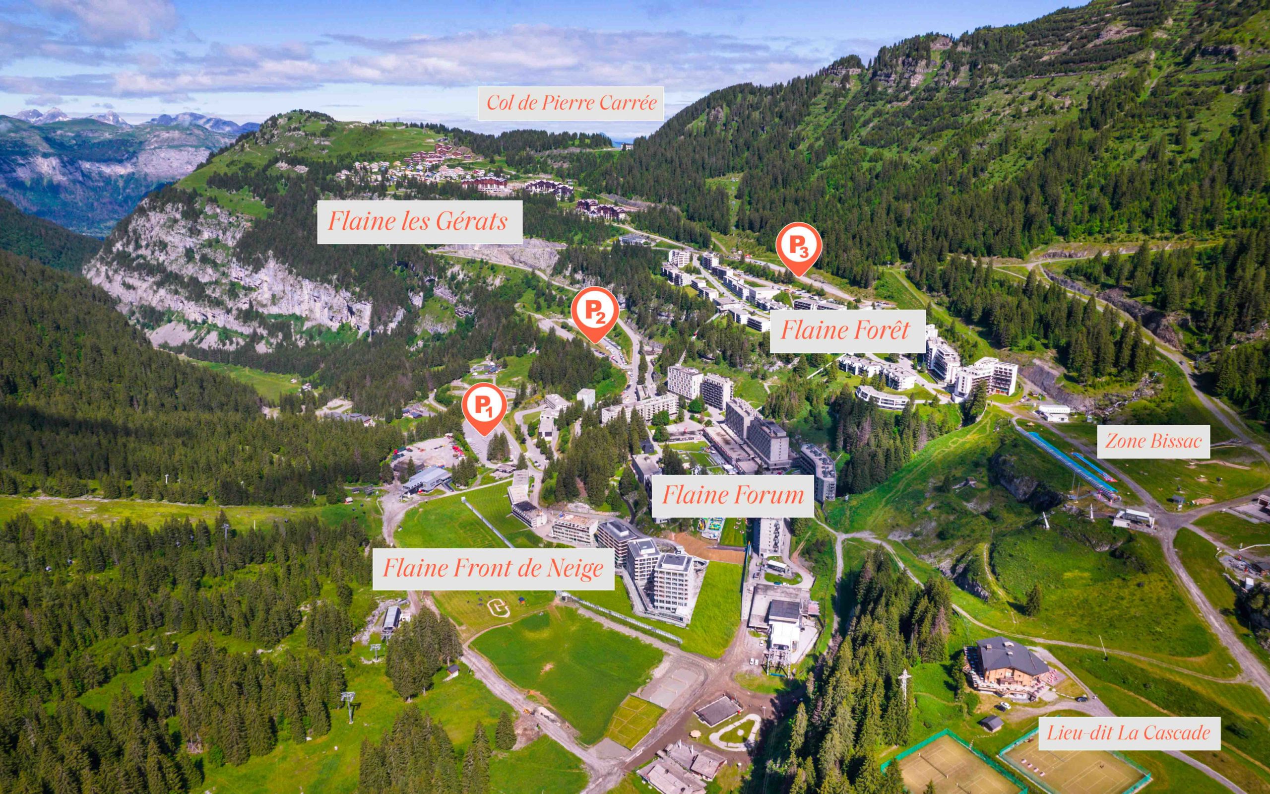 Photo panoramique de la station de Flaine en été, montrant les étages et les parkings.