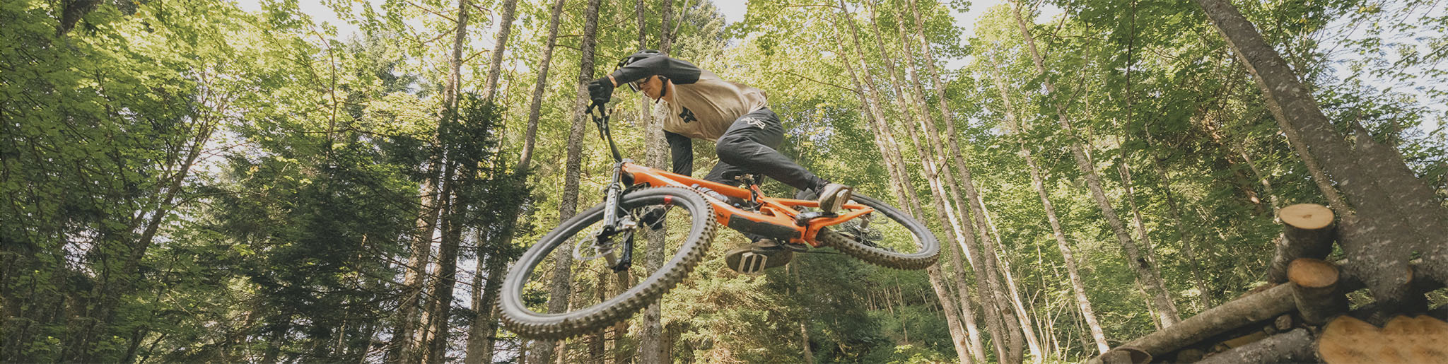 Un VTTiste dans une forêt fait un saut avec son VTT