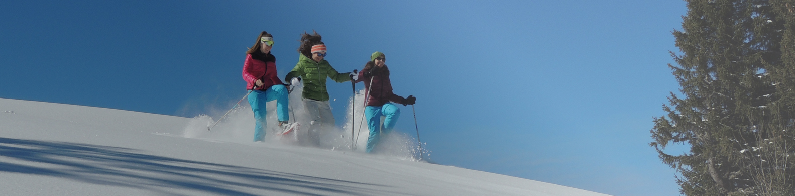 Trois personnes font de la randonnée en raquettes sur une pente enneigée à Flaine, sous un ciel bleu clair avec le soleil brillant en arrière-plan.