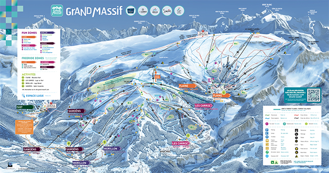 Plan détaillé des pistes de ski de Flaine et du Grand Massif, incluant les remontées mécaniques et les différentes zones de ski.